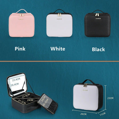 LED Lighted Cosmetic Bag with Mirror High Quality Large Capacity PU Leather Waterproof