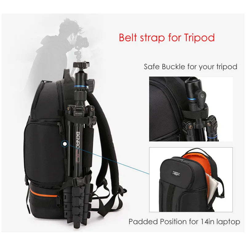 Professional Digital SLR Camera Backpack+ Tripod Holder Waterproof Rain Cover Outdoor Hiking