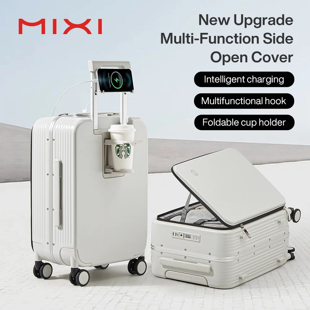 Mixi Aluminum Frame Suitcase Carry On Rolling Luggage with USB Port Boarding Cabin Cup and Phone Holder