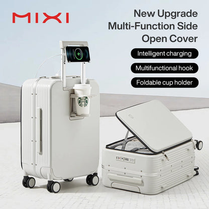 Mixi Aluminum Frame Suitcase Carry On Rolling Luggage with USB Port Boarding Cabin Cup and Phone Holder