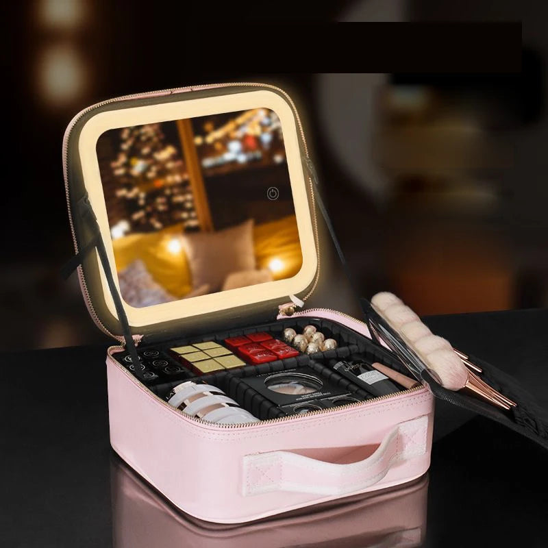 LED Lighted Cosmetic Bag with Mirror High Quality Large Capacity PU Leather Waterproof