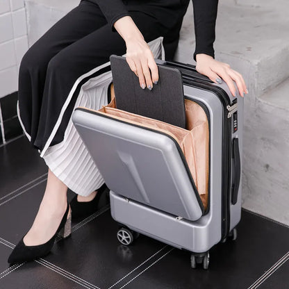 20 inch PC carry on travel suitcase multi-function boarding Front opening trolley case