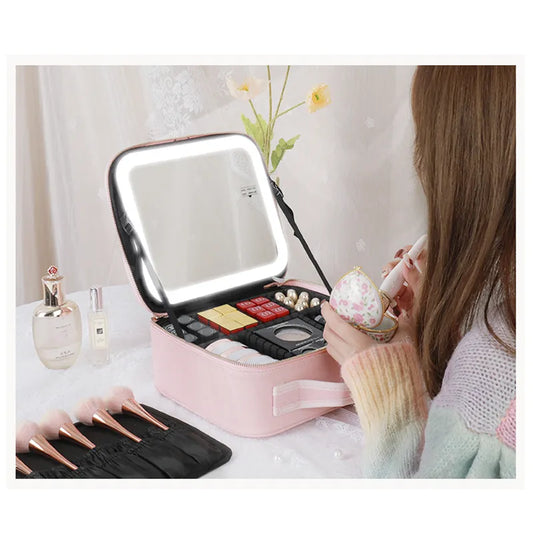 LED Lighted Cosmetic Bag with Mirror High Quality Large Capacity PU Leather Waterproof