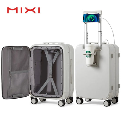 Mixi Aluminum Frame Suitcase Carry On Rolling Luggage with USB Port Boarding Cabin Cup and Phone Holder